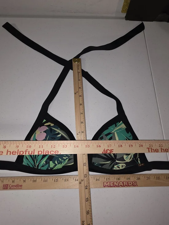 PINK Victoria's Secret Black Halter Bikini Top with Green Tropical Leaf Print - Picture 12 of 17